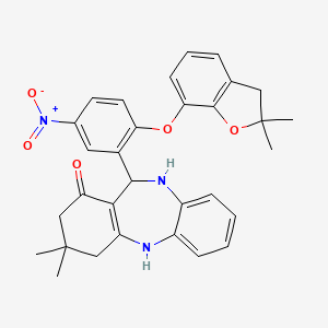 molecular formula C31H31N3O5 B2604679 6-[2-[(2,2-二甲基-3H-1-苯并呋喃-7-基)氧基]-5-硝基苯基]-9,9-二甲基-6,8,10,11-四氢-5H-苯并[b][1,4]苯并二氮杂卓-7-酮 CAS No. 1023515-06-1