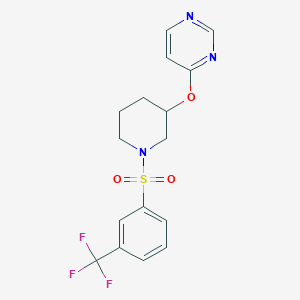 molecular formula C16H16F3N3O3S B2604686 4-((1-((3-(Trifluoromethyl)phenyl)sulfonyl)piperidin-3-yl)oxy)pyrimidine CAS No. 2034472-44-9