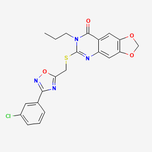 molecular formula C21H17ClN4O4S B2604805 6-(((3-(3-chlorophenyl)-1,2,4-oxadiazol-5-yl)methyl)thio)-7-propyl-[1,3]dioxolo[4,5-g]quinazolin-8(7H)-one CAS No. 1031980-88-7