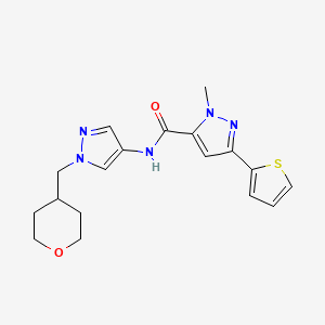 molecular formula C18H21N5O2S B2604874 1-methyl-N-(1-((tetrahydro-2H-pyran-4-yl)methyl)-1H-pyrazol-4-yl)-3-(thiophen-2-yl)-1H-pyrazole-5-carboxamide CAS No. 1705313-34-3