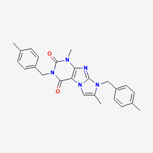 molecular formula C25H25N5O2 B2604947 1,7-dimethyl-3,8-bis(4-methylbenzyl)-1H-imidazo[2,1-f]purine-2,4(3H,8H)-dione CAS No. 922459-10-7