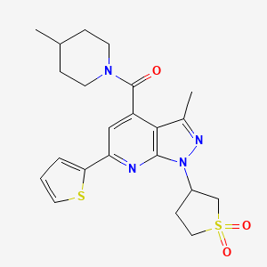 molecular formula C22H26N4O3S2 B2604952 (1-(1,1-dioxidotetrahydrothiophen-3-yl)-3-methyl-6-(thiophen-2-yl)-1H-pyrazolo[3,4-b]pyridin-4-yl)(4-methylpiperidin-1-yl)methanone CAS No. 1021089-95-1