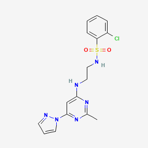 molecular formula C16H17ClN6O2S B2605035 2-chloro-N-(2-((2-methyl-6-(1H-pyrazol-1-yl)pyrimidin-4-yl)amino)ethyl)benzenesulfonamide CAS No. 1172371-21-9