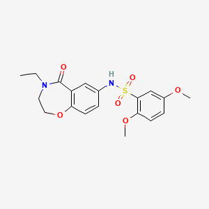 molecular formula C19H22N2O6S B2605120 N-(4-ethyl-5-oxo-2,3,4,5-tetrahydrobenzo[f][1,4]oxazepin-7-yl)-2,5-dimethoxybenzenesulfonamide CAS No. 922007-56-5
