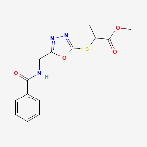 molecular formula C14H15N3O4S B2605148 Methyl 2-((5-(benzamidomethyl)-1,3,4-oxadiazol-2-yl)thio)propanoate CAS No. 921106-66-3