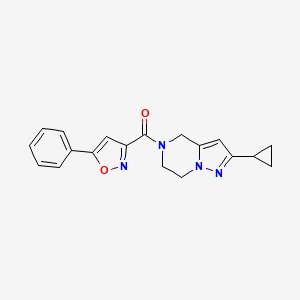 molecular formula C19H18N4O2 B2605210 (2-cyclopropyl-6,7-dihydropyrazolo[1,5-a]pyrazin-5(4H)-yl)(5-phenylisoxazol-3-yl)methanone CAS No. 2034555-66-1