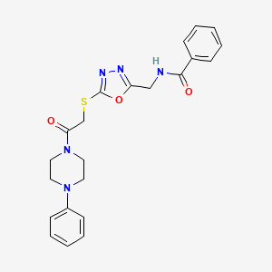 molecular formula C22H23N5O3S B2605298 N-((5-((2-oxo-2-(4-phenylpiperazin-1-yl)ethyl)thio)-1,3,4-oxadiazol-2-yl)methyl)benzamide CAS No. 872613-46-2