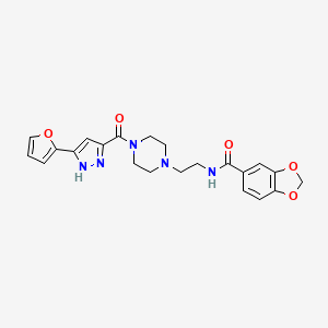 molecular formula C22H23N5O5 B2605326 N-(2-(4-(3-(furan-2-yl)-1H-pyrazole-5-carbonyl)piperazin-1-yl)ethyl)benzo[d][1,3]dioxole-5-carboxamide CAS No. 1305260-11-0