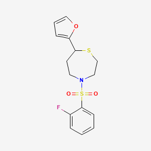 molecular formula C15H16FNO3S2 B2605359 4-((2-Fluorophenyl)sulfonyl)-7-(furan-2-yl)-1,4-thiazepane CAS No. 1706061-77-9