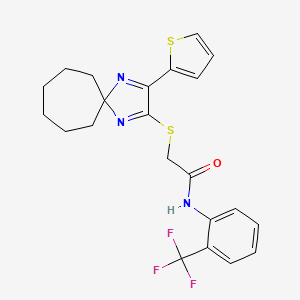 molecular formula C22H22F3N3OS2 B2605390 2-((3-(thiophen-2-yl)-1,4-diazaspiro[4.6]undeca-1,3-dien-2-yl)thio)-N-(2-(trifluoromethyl)phenyl)acetamide CAS No. 1223829-28-4