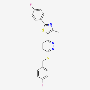 molecular formula C21H15F2N3S2 B2605399 5-(6-((4-Fluorobenzyl)thio)pyridazin-3-yl)-2-(4-fluorophenyl)-4-methylthiazole CAS No. 923244-95-5