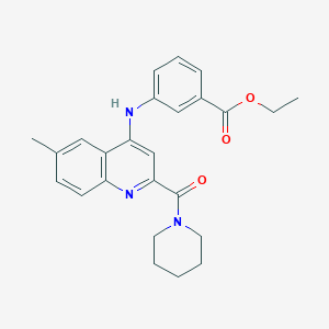 molecular formula C25H27N3O3 B2605527 Ethyl 3-((6-methyl-2-(piperidine-1-carbonyl)quinolin-4-yl)amino)benzoate CAS No. 1226448-80-1