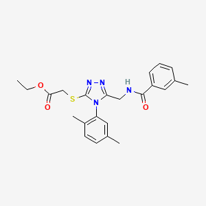 molecular formula C23H26N4O3S B2605580 ethyl 2-((4-(2,5-dimethylphenyl)-5-((3-methylbenzamido)methyl)-4H-1,2,4-triazol-3-yl)thio)acetate CAS No. 689751-32-4