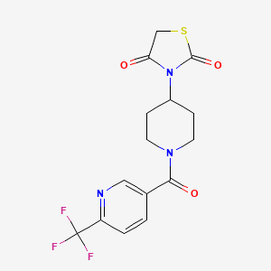 molecular formula C15H14F3N3O3S B2605639 3-(1-(6-(Trifluoromethyl)nicotinoyl)piperidin-4-yl)thiazolidine-2,4-dione CAS No. 1795364-82-7