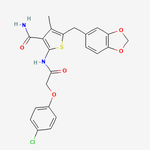 molecular formula C22H19ClN2O5S B2605689 5-(Benzo[d][1,3]dioxol-5-ylmethyl)-2-(2-(4-chlorophenoxy)acetamido)-4-methylthiophene-3-carboxamide CAS No. 476368-89-5