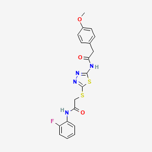 molecular formula C19H17FN4O3S2 B2605695 N-(2-fluorophenyl)-2-((5-(2-(4-methoxyphenyl)acetamido)-1,3,4-thiadiazol-2-yl)thio)acetamide CAS No. 389072-81-5