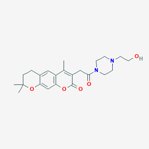 molecular formula C23H30N2O5 B260571 3-{2-[4-(2-hydroxyethyl)-1-piperazinyl]-2-oxoethyl}-4,8,8-trimethyl-7,8-dihydro-2H,6H-pyrano[3,2-g]chromen-2-one 