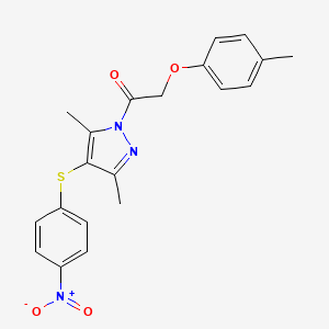 molecular formula C20H19N3O4S B2605786 1-[3,5-Dimethyl-4-(4-nitrophenyl)sulfanylpyrazol-1-yl]-2-(4-methylphenoxy)ethanone CAS No. 636568-05-3