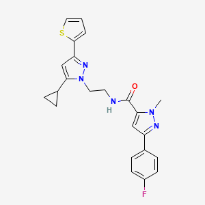 molecular formula C23H22FN5OS B2605816 N-(2-(5-cyclopropyl-3-(thiophen-2-yl)-1H-pyrazol-1-yl)ethyl)-3-(4-fluorophenyl)-1-methyl-1H-pyrazole-5-carboxamide CAS No. 1796989-37-1