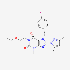 molecular formula C22H25FN6O3 B2605921 8-(3,5-dimethyl-1H-pyrazol-1-yl)-1-(2-ethoxyethyl)-7-(4-fluorobenzyl)-3-methyl-1H-purine-2,6(3H,7H)-dione CAS No. 1013972-10-5