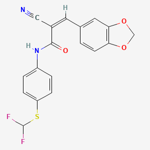 molecular formula C18H12F2N2O3S B2605953 (Z)-3-(1,3-Benzodioxol-5-yl)-2-cyano-N-[4-(difluoromethylsulfanyl)phenyl]prop-2-enamide CAS No. 481674-57-1