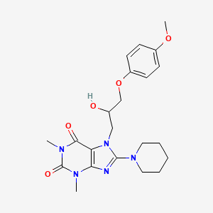 molecular formula C22H29N5O5 B2605961 7-[2-Hydroxy-3-(4-methoxyphenoxy)propyl]-1,3-dimethyl-8-(1-piperidinyl)purine-2,6-dione CAS No. 333755-38-7