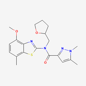 molecular formula C20H24N4O3S B2606034 N-(4-methoxy-7-methylbenzo[d]thiazol-2-yl)-1,5-dimethyl-N-((tetrahydrofuran-2-yl)methyl)-1H-pyrazole-3-carboxamide CAS No. 1013795-63-5