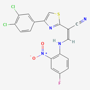 molecular formula C18H9Cl2FN4O2S B2606036 (Z)-2-(4-(3,4-dichlorophenyl)thiazol-2-yl)-3-((4-fluoro-2-nitrophenyl)amino)acrylonitrile CAS No. 477298-27-4