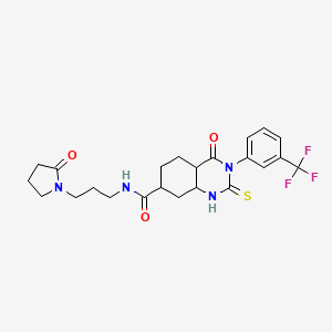molecular formula C23H21F3N4O3S B2606049 4-oxo-N-[3-(2-oxopyrrolidin-1-yl)propyl]-2-sulfanylidene-3-[3-(trifluoromethyl)phenyl]-4a,5,6,7,8,8a-hexahydro-1H-quinazoline-7-carboxamide CAS No. 421591-84-6