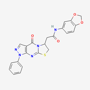 molecular formula C22H17N5O4S B2606061 N-(2H-1,3-benzodioxol-5-yl)-2-{2-oxo-6-phenyl-10-thia-1,5,6,8-tetraazatricyclo[7.3.0.0^{3,7}]dodeca-3(7),4,8-trien-12-yl}acetamide CAS No. 946255-86-3