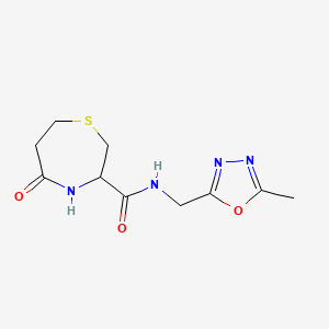molecular formula C10H14N4O3S B2606099 N-((5-methyl-1,3,4-oxadiazol-2-yl)methyl)-5-oxo-1,4-thiazepane-3-carboxamide CAS No. 1396554-86-1