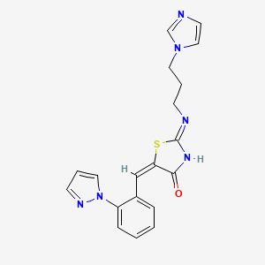 molecular formula C19H18N6OS B2606109 2-({[3-(1H-咪唑-1-基)丙基]氨基}-5-{(E)-[2-(1H-吡唑-1-基)苯基]亚甲基}-1,3-噻唑-4(5H)-酮 CAS No. 956990-20-8