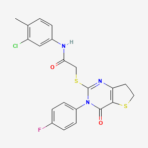molecular formula C21H17ClFN3O2S2 B2606173 N-(3-chloro-4-methylphenyl)-2-((3-(4-fluorophenyl)-4-oxo-3,4,6,7-tetrahydrothieno[3,2-d]pyrimidin-2-yl)thio)acetamide CAS No. 687562-77-2