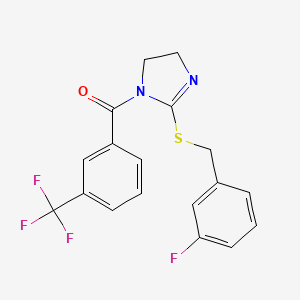 molecular formula C18H14F4N2OS B2606174 （2-((3-氟苄基)硫代)-4,5-二氢-1H-咪唑-1-基)(3-(三氟甲基)苯基)甲酮 CAS No. 851865-23-1