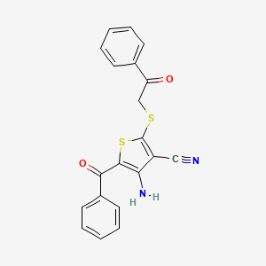 molecular formula C20H14N2O2S2 B2606213 4-Amino-5-benzoyl-2-((2-oxo-2-phenylethyl)sulfanyl)-3-thiophenecarbonitrile CAS No. 133180-37-7
