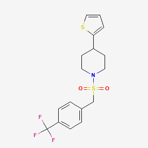 molecular formula C17H18F3NO2S2 B2606351 4-(Thiophen-2-yl)-1-((4-(trifluoromethyl)benzyl)sulfonyl)piperidine CAS No. 1396768-65-2