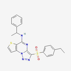 molecular formula C23H21N5O2S2 B2606382 3-((4-ethylphenyl)sulfonyl)-N-(1-phenylethyl)thieno[2,3-e][1,2,3]triazolo[1,5-a]pyrimidin-5-amine CAS No. 892742-40-4
