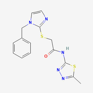 molecular formula C15H15N5OS2 B2606394 N-(5-methyl-1,3,4-thiadiazol-2-yl)-2-[[1-(phenylmethyl)-2-imidazolyl]thio]acetamide CAS No. 869346-11-2