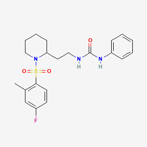 molecular formula C21H26FN3O3S B2606471 1-(2-(1-((4-Fluoro-2-methylphenyl)sulfonyl)piperidin-2-yl)ethyl)-3-phenylurea CAS No. 898426-79-4