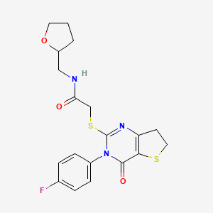 molecular formula C19H20FN3O3S2 B2606490 2-[[3-(4-fluorophenyl)-4-oxo-6,7-dihydrothieno[3,2-d]pyrimidin-2-yl]sulfanyl]-N-(oxolan-2-ylmethyl)acetamide CAS No. 687561-57-5