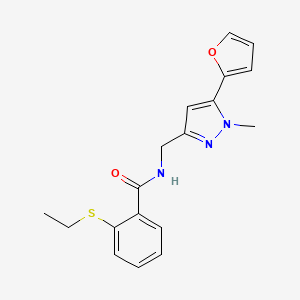 molecular formula C18H19N3O2S B2606641 2-(ethylthio)-N-((5-(furan-2-yl)-1-methyl-1H-pyrazol-3-yl)methyl)benzamide CAS No. 1421512-84-6