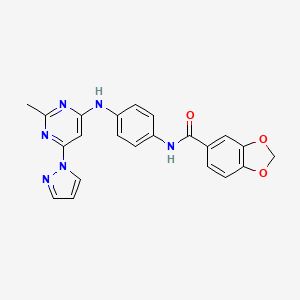 molecular formula C22H18N6O3 B2606664 N-(4-((2-甲基-6-(1H-吡唑-1-基)嘧啶-4-基)氨基)苯基)苯并[d][1,3]二噁杂环-5-甲酰胺 CAS No. 1172060-85-3