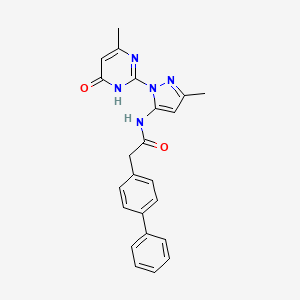 molecular formula C23H21N5O2 B2606694 2-([1,1'-biphenyl]-4-yl)-N-(3-methyl-1-(4-methyl-6-oxo-1,6-dihydropyrimidin-2-yl)-1H-pyrazol-5-yl)acetamide CAS No. 1002482-91-8