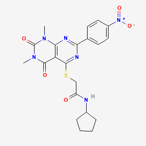 molecular formula C21H22N6O5S B2606698 N-cyclopentyl-2-((6,8-dimethyl-2-(4-nitrophenyl)-5,7-dioxo-5,6,7,8-tetrahydropyrimido[4,5-d]pyrimidin-4-yl)thio)acetamide CAS No. 847190-54-9