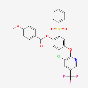 molecular formula C26H17ClF3NO6S B2606730 4-{[3-Chloro-5-(trifluoromethyl)-2-pyridinyl]oxy}-2-(phenylsulfonyl)phenyl 4-methoxybenzenecarboxylate CAS No. 306979-49-7