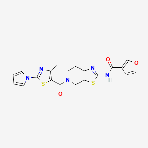 molecular formula C20H17N5O3S2 B2606767 N-(5-(4-methyl-2-(1H-pyrrol-1-yl)thiazole-5-carbonyl)-4,5,6,7-tetrahydrothiazolo[5,4-c]pyridin-2-yl)furan-3-carboxamide CAS No. 1448052-13-8