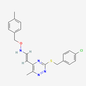 molecular formula C21H21ClN4OS B2606814 3-((4-Chlorobenzyl)sulfanyl)-6-methyl-5-(2-(((4-methylbenzyl)oxy)amino)vinyl)-1,2,4-triazine CAS No. 338775-69-2