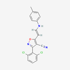 molecular formula C19H13Cl2N3O B2606899 3-(2,6-Dichlorophenyl)-5-[2-(4-toluidino)vinyl]-4-isoxazolecarbonitrile CAS No. 338402-71-4