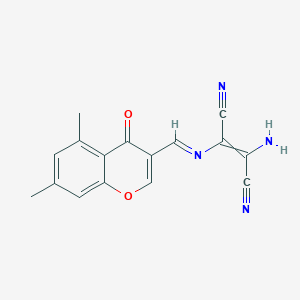 molecular formula C16H12N4O2 B2606999 2-Amino-3-[(5,7-dimethyl-4-oxochromen-3-yl)methylideneamino]but-2-enedinitrile CAS No. 1025609-04-4