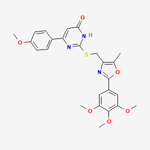 molecular formula C25H25N3O6S B2607019 6-(4-Methoxyphenyl)-2-(((5-methyl-2-(3,4,5-trimethoxyphenyl)oxazol-4-yl)methyl)thio)pyrimidin-4-ol CAS No. 1040636-44-9